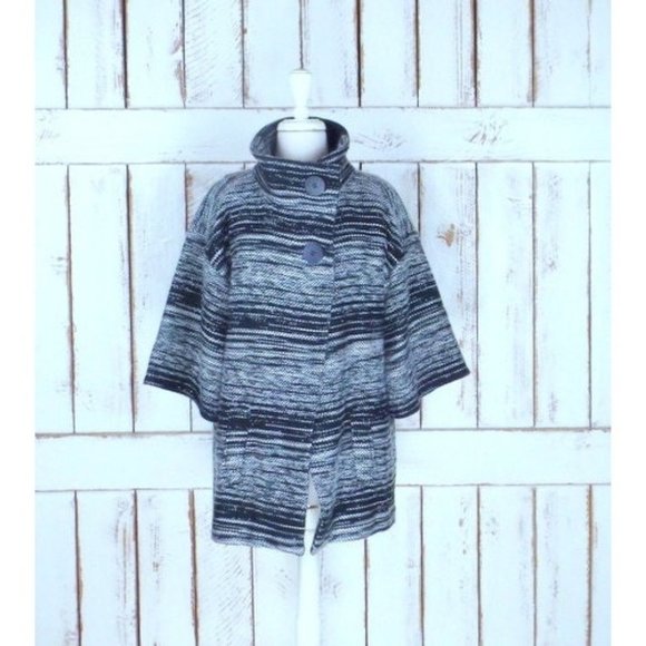 Black grey white woven striped trapeze coat blanket jacket - Picture 1 of 5